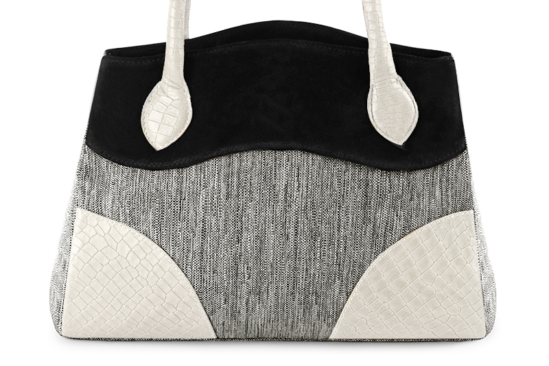 Ash grey, matt black and off white women's dress handbag, matching pumps and belts. Profile view - Florence KOOIJMAN